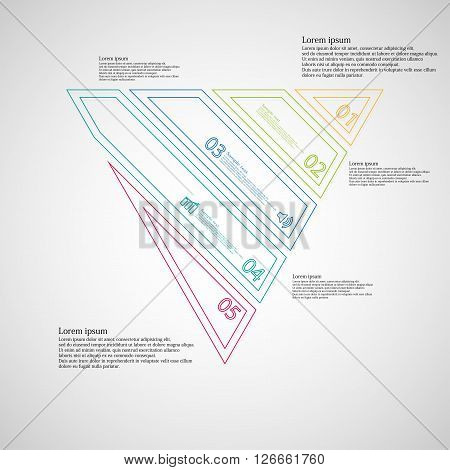 Illustration infographic template with motif of triangle which is askew divided to five color parts created by double contour outlines. Each item contains number text and simple sign. Background is light.