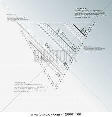 Illustration infographic template with motif of triangle which is askew divided to four grey parts created by double contour outlines. Each item contains number text and simple sign. Background is blue.