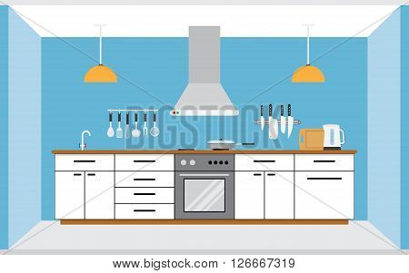 Kitchen wall interior. Flat style vector illustration isolated on blue background.