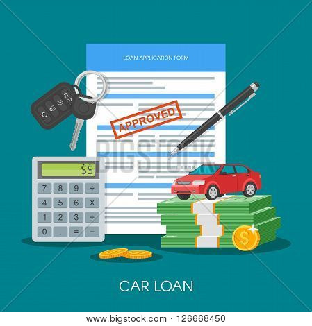 Approved car loan vector illustration. Buying car concept. Auto keys, car model, money, application form.