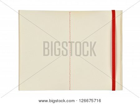 Open agenda or planner with pages with lines and red band on white background