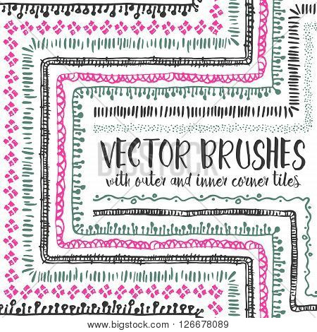Vector set of 10 hand drawn decorative seamless pattern brushes with outer and inner corner tiles. Endless whimsical ink borders for frames, decorations, elements, dividers.Brushes are included in eps