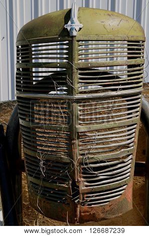 FAGO, NORTH DAKOTA, April 20, 2016: An old grill from a tractor was produced by International, later known as International Harvester.
