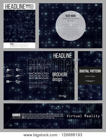 Set of business templates for presentation, brochure, flyer or booklet. Virtual reality, abstract technology background with blue symbols, vector illustration.
