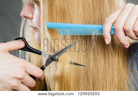 Haircut time. The girl is cutting her hair down using scissors and comb.