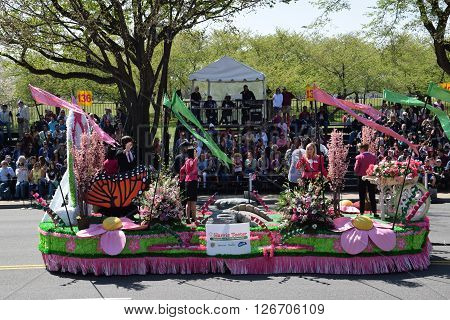 WASHINGTON, DC - APR 16: Colorful float at the 2016 National Cherry Blossom Parade in Washington DC, as seen on April 16, 2016. Thousands of visitors gathered to attend this annual event.