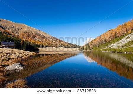 Mountain panorama from Italian Alps. Reflections on water from 