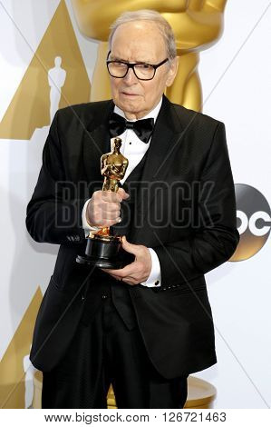Ennio Morricone at the 88th Annual Academy Awards - Press Room held at the Loews Hotel in Hollywood, USA on February 28, 2016.