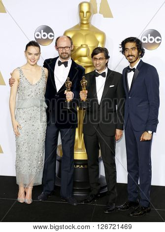 James Gay-Rees, Asif Kapadia, Dev Patel and Daisy Ridley at the 88th Annual Academy Awards - Press Room held at the Loews Hotel in Hollywood, USA on February 28, 2016.