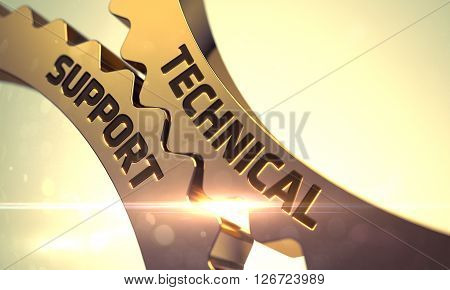 Technical Support on Mechanism of Golden Metallic Cog Gears. Technical Support - Industrial Illustration with Glow Effect and Lens Flare. Golden Gears with Technical Support Concept. 3D Render.