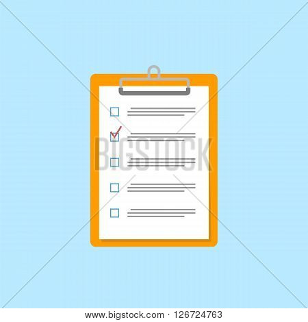 Clipboard with checklist icon. Flat style. Vector illustration. Clipboard with paper sheets on white. Vector illustration.