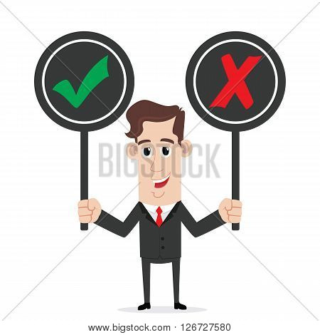 Smiling businessman holding right and wrong sign