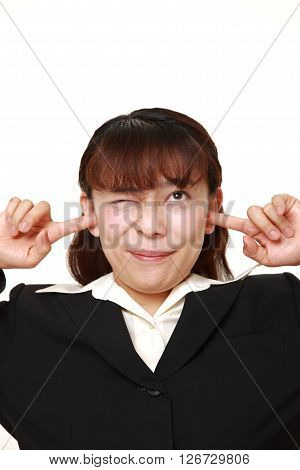 Asian businesswoman suffers from noise on white background