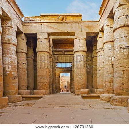 The Peristyle Court of the Khonsu Temple decorated with the relief of Sacred cobras Karnak Complex Luxor Egypt.