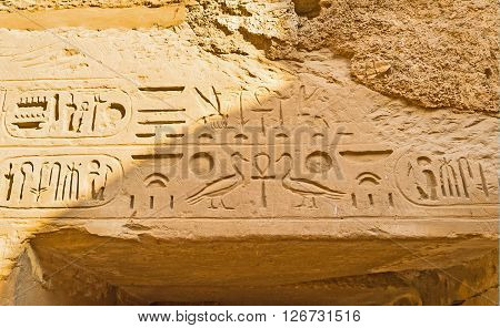 The ancient hieroglyphs over the door in Temple of Ramesses III include Ankh (Egyptian Cross) geese mosquitos and other symbols Karnak Comlex Luxor Egypt.