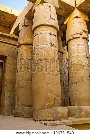 The corner group of columns in the Hypostyle Court of Khonsu Temple Karnak Complex Luxor Egypt.