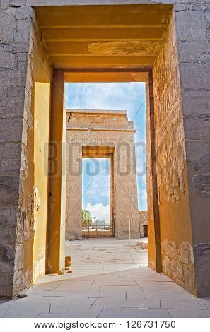The view through the gates of the Khonsu Temple of Karnak Complex Luxor Egypt.