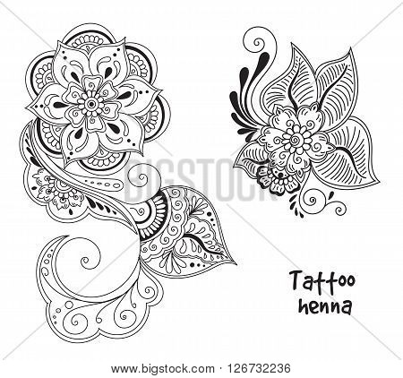 Vector abstract pattern of tattoo henna flower. Stock mehndi illustration for design on white background.