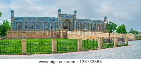 The scenic facade of the Palace of Khudayar Khan that is the architectural pearl of Kokand Uzbekistan.