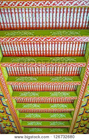 KOKAND UZBEKISTAN - MAY 6 2015: The ceilings in Khudayar Khan Palace are the masterpieces of medieval islamic art on May 6 in Kokand.