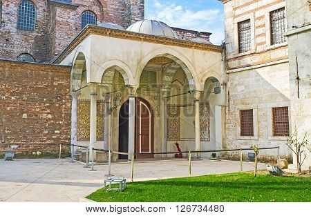 The entrance to the Hagia Irene Orthodox Church decorated in Ottoman style since it was converted into a mosque Istanbul Turkey.