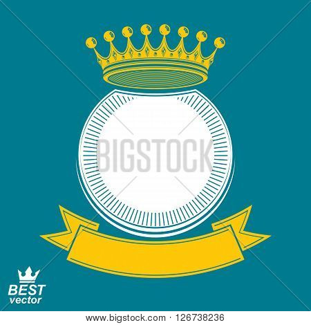 Vector ring with 3d imperial crown and festive ribbon luxury coat of arms. Heraldic symbol.