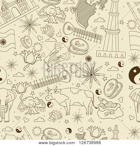 India seamless retro line art design vector illustration. Separate objects. Hand drawn doodle design elements.