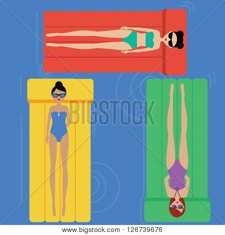 Three girls relaxing on the swimming mattresses in sunglasses. Vector flat illustration