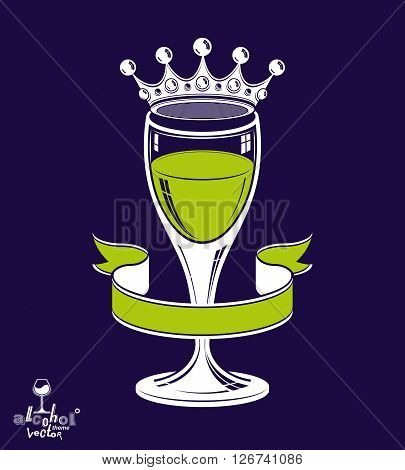 Royal goblet of wine with 3d imperial crown anniversary idea design realistic object.