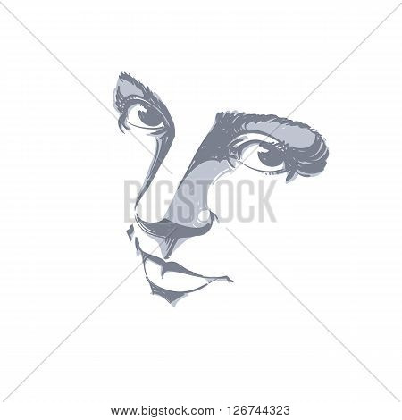 Monochrome Silhouette Of Melancholic  Attractive Lady, Face Features. Hand-drawn Vector Illustration