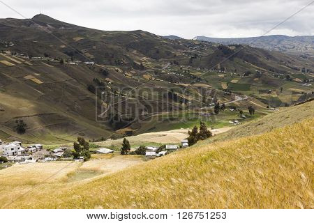 Farms and crops on slopes around Zumbahua province of Cotopaxi Ecuador