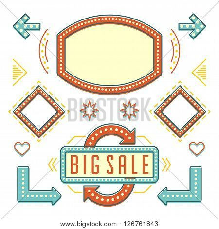 Retro American 1950s Sign Design Elements Set. Billboard Signage Light Bulbs, Frames, Arrows, Icons, Neon Lamps. For advertising, Poster Retro Sign. Vector Illustration.