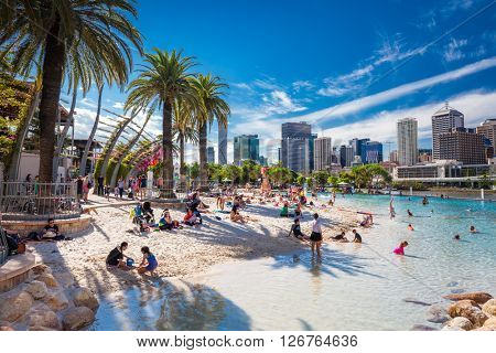 BRISBANE, AUS - APRIL 17 2016: Streets Beach in South Bank Parkland. It's inner-city man-made beach next to city center.