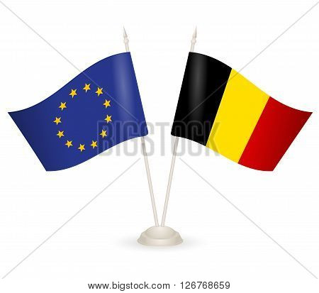 Table stand with flags of EU and Belgia. Symbolizing the cooperation between the two countries.
