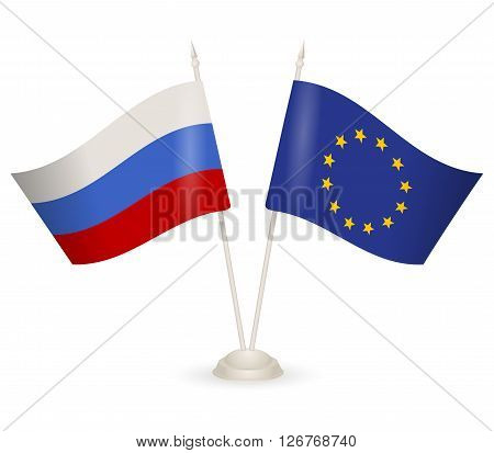 Table stand with flags of Russia and European Union. Symbolizing the cooperation between the two countries.