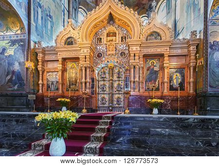 SAINT PETERSBURG, RUSSIA -APRIL 15, 2016: Iconostas  in the Church of Saviour on Spilled Blood.   Church was built on the site where Emperor Alexander II was fatally wounded in March 1881