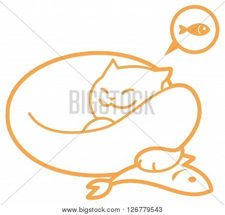 Vector outline icon of a sleeping cat, with fish