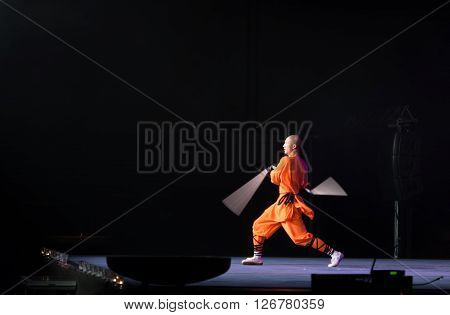BRNO, CZECH REPUBLIC-APRIL 11,2016: Show The Mystical Powers of The Shaolin Monks of China on April 11 ,2016 in City Hall Vodova in  Brno in Czech Republic