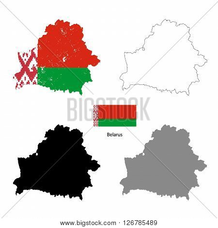 Belarus country black silhouette and with flag on background isolated on white