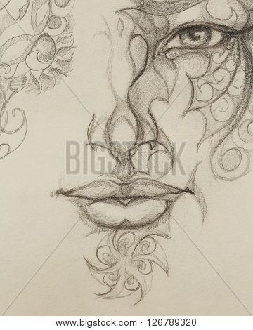 Man face with ornament, pencil drawing, eye contact