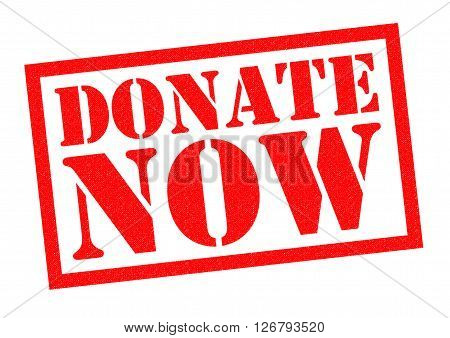 DONATE NOW red Rubber Stamp over a white background