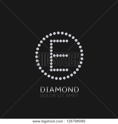 E Letter with diamonds. Expensive, presious symbol. Luxury logo