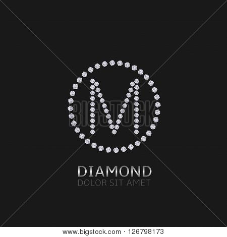 M Letter with diamonds. Expensive, presious symbol. Luxury logo