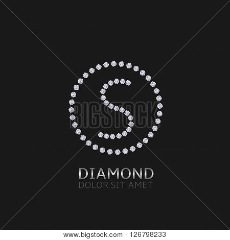 S Letter with diamonds. Expensive, presious symbol. Luxury logo