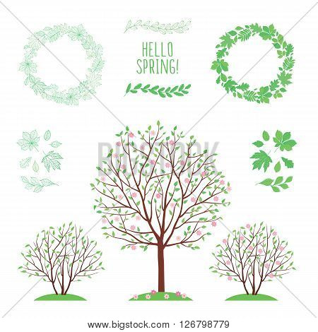Hello spring. Spring background with trees and leaves. Set of images with leaves of different trees. Wreath of leaves. Hand drawn leaves. Sketch, design elements. Vector illustration.