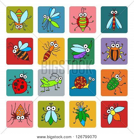 Set of vector funny insects icons. Cartoon characters on colored square basis for you design. Childish illustration. Cute stickers.
