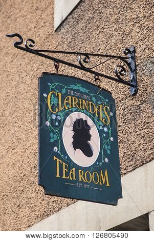 EDINBURGH SCOTLAND - MARCH 8TH 2016: The sign for Clarindas Tea Room in Edinburgh on 8th March 2016. The name derives from Clarinda who was a love interest of Robert Burns.