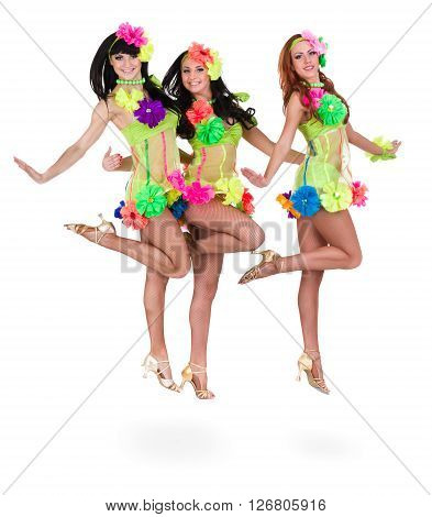 Dancer team wearing a folk ukrainian costumes dancing.  Isolated on white background in full length.