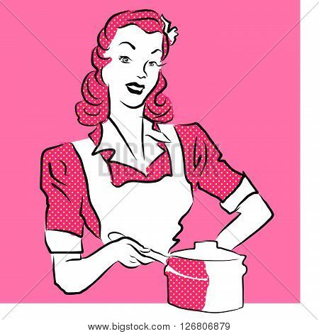 Pink Woman Coocking, Vintage Artwork.