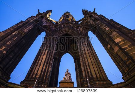 view of the impressive Scott Monument located on Princes Street in Edinburgh Scotland.